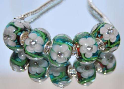 PANDORA STYLE - OOAK - UNIQUE - MURANO GLASS - SEASCAPE INNER FLOWER WHITE, TURQUOISE, GREEN