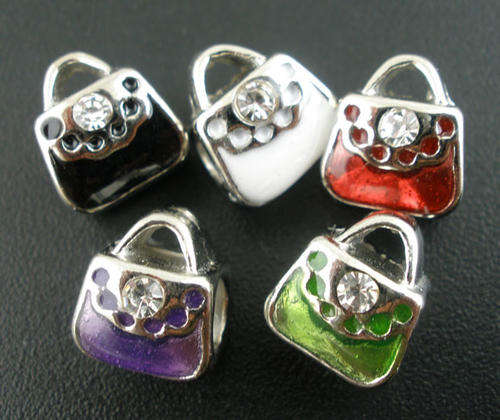 PANDORA STYLE SILVER TONE MIXED COLORS - ENAMEL HANDBAG CHARM BEADS WITH CLEAR RHINESTONES