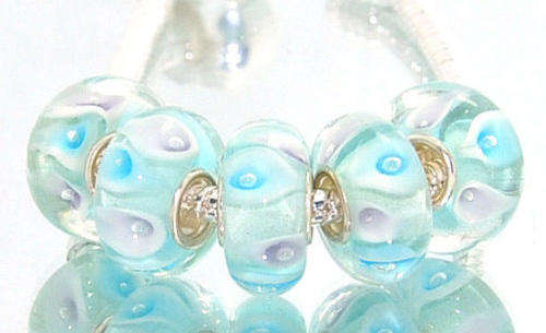 PANDORA STYLE 925 SILVER MURANO GLASS BEADS - LIGHT BLUE WITH A HINT OF PINK LEAF DESIGN
