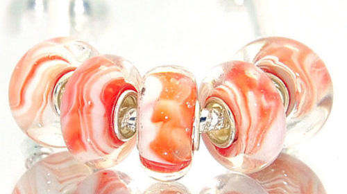 PANDORA STYLE 925 SILVER MURANO GLASS BEADS - LIGHT RED TO ORANGE WITH WHITE CLOUDY INSIDE SWIRL