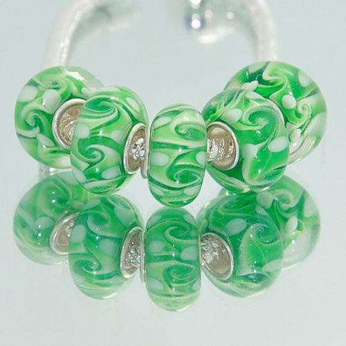 PANDORA STYLE 925 SILVER MURANO GLASS BEADS - LIGHT GREEN WITH WHITE INSIDE SWIRL DESIGN
