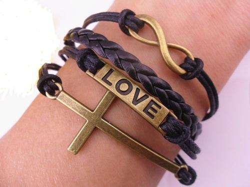 **SPECIAL** INFINITY ANTIQUE BRONZE AND BLACK 4 IN 1 CROSS AND LOVE LEATHER AND ROPE BRACELET