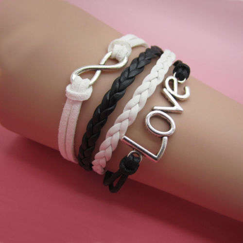 INFINITY SILVER, WHITE AND BLACK 4 IN 1 LOVE LEATHER AND SUEDE BRACELET