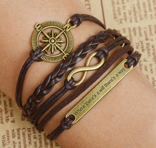 ANTIQUE BRONZE, BROWN 4 IN 1 INFINITY, RUDDER AND WHERE THERE'S A WILL ROPE AND LEATHER BRACELET