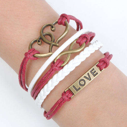 ANTIQUE BRONZE,WHITE & WINE RED 5 IN 1 INFINITY, LOVE & DOUBLE HEARTS ROPE, LEATHER & SUEDE BRACELET