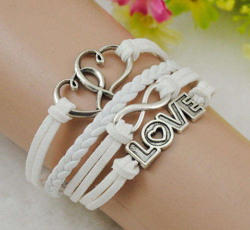 SILVER AND WHITE 4 IN 1 INFINITY, DOUBLE HEARTS AND LOVE SUEDE BRACELET