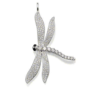 PENDANTS - LARGE - DRAGONFLY - WHITE ZIRCONIA AND BLACK ENAMEL - 5CM
