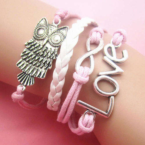 **SPECIAL** INFINITY SILVER, PINK AND WHITE 4 IN 1 OWL AND "LOVE" LEATHER AND ROPE BRACELET
