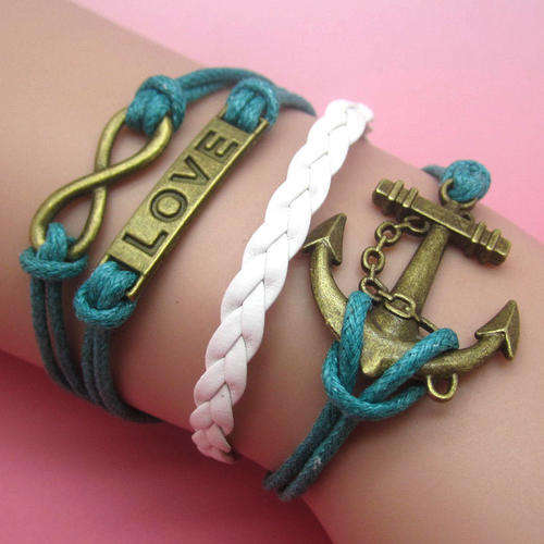 BRONZE, WHITE AND BLUE 4 IN 1 INFINITY  ANCHOR AND "LOVE" LEATHER AND ROPE BRACELET