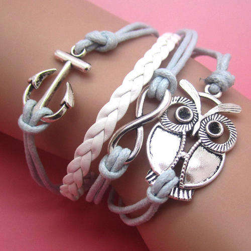 INFINITY SILVER, WHITE AND GREY 4 IN 1 OWL AND ANCHOR LEATHER AND ROPE BRACELET