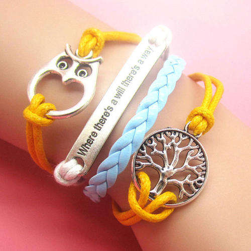 ***SPECIAL** INFINITY SILVER, YELLOW,BLUE 4 IN 1 - OWL,TREE AND "MOTTO" LEATHER AND ROPE BRACELET