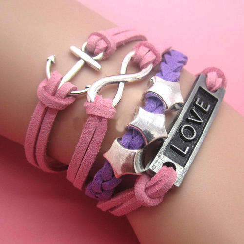 INFINITY - SILVER, PINK AND LILAC - 4 IN 1 - STAR, ANCHOR AND "LOVE" SUEDE & LEATHER BRACELET