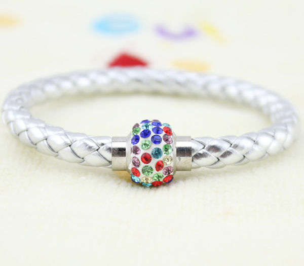 LEATHER WRAP - SILVER WRISTBAND WITH MULTI COLOR RHINESTONE MAGNETIC CLASP BRACELET