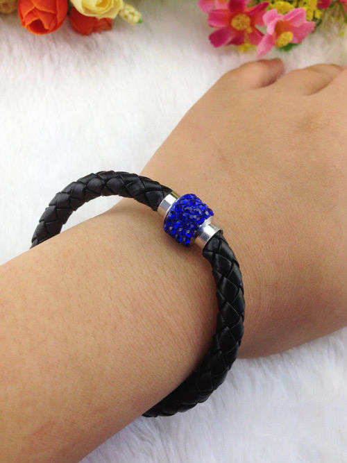 LEATHER WRAP - BLACK WRISTBAND WITH BLUE RHINESTONE MAGNETIC CLASP BRACELET
