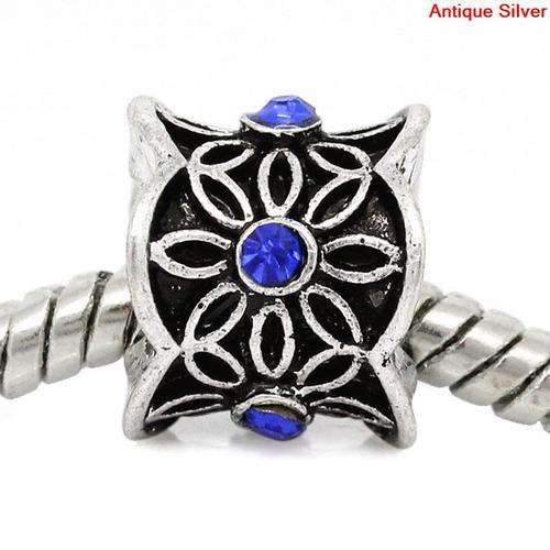 PANDORA STYLE COLUMN BEADS - ANTIQUE SILVER - BLUE RHINESTONE - FLOWER PATTERN