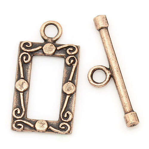 TOGGLE CLASPS - RECTANGLE - ANTIQUE COPPER - CARVED PATTERN - 23mm x 12mm