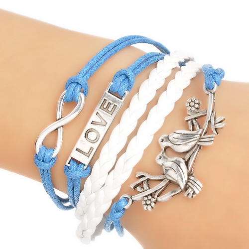 INFINITY - SILVER, WHITE AND BLUE 5 IN 1 - BIRDS AND LOVE LEATHER AND ROPE BRACELET
