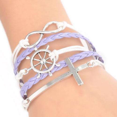 BRACELETS - INFINITY - SILVER, WHITE AND LILAC 5 IN 1 - CROSS AND RUDDER