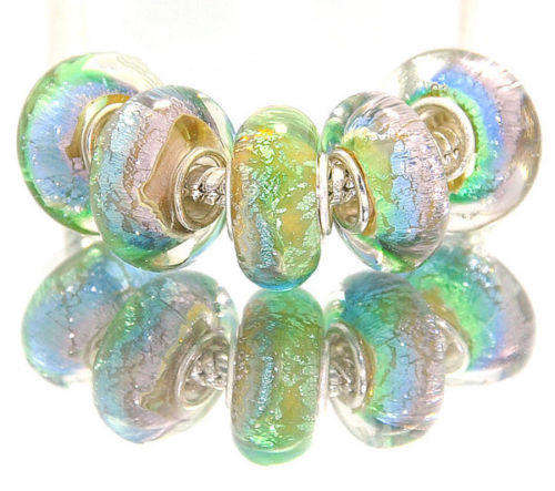 PANDORA STYLE - 925 SILVER CORE - MURANO GLASS BEADS - SILVERFOIL - BLUE, PINK AND GREEN PASTEL