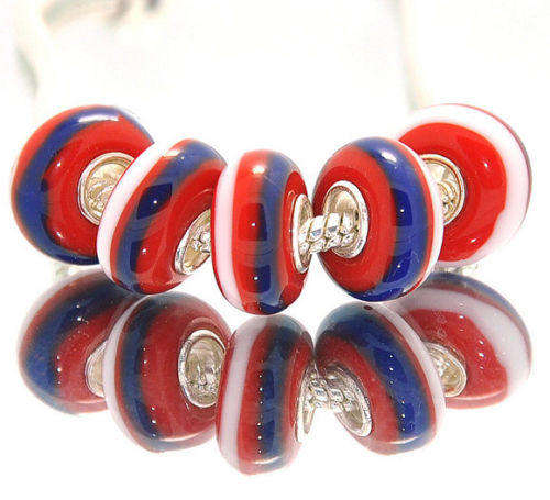 EUROPEAN STYLE - 925 SILVER CORE - MURANO GLASS BEADS - RED, BLUE AND WHITE STRIPE