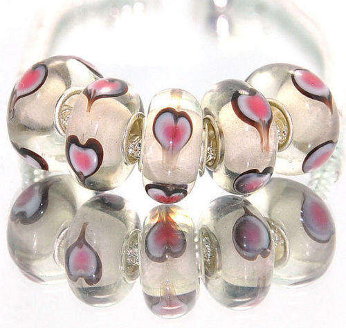 PANDORA STYLE 925 SILVER MURANO GLASS BEADS - CLEAR WITH PINK HEARTS