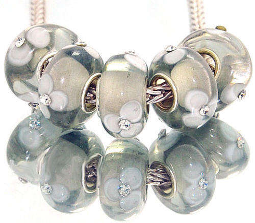PANDORA STYLE 925 SILVER MURANO GLASS BEADS - CLEAR GREY WITH WHITE RHINESTONE FLOWERS