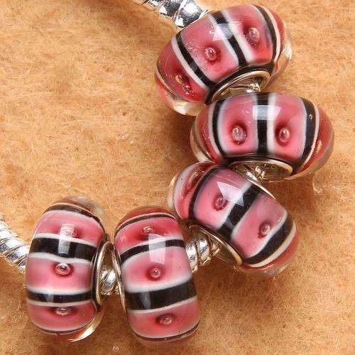 PANDORA STYLE - HANDMADE - MURANO GLASS BEADS - PINK BLACK & WHITE STRIPES