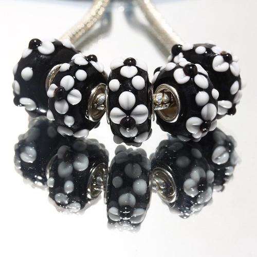 PANDORA STYLE 925 SILVER MURANO GLASS LAMPWORK BEADS - BLACK WITH WHITE RAISED FLOWERS