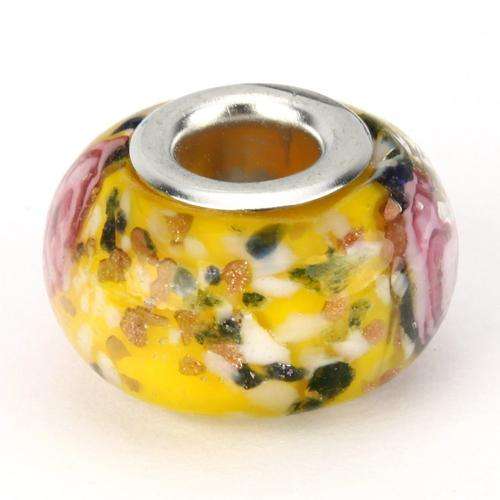 EUROPEAN STYLE - MURANO GLASS BEADS - CLEAR YELLOW AND GREEN WITH GOLD DUST AND INNER ROSE