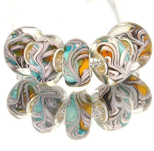 PANDORA STYLE - 925 SILVER - MURANO GLASS BEADS - LIGHT PINK, BLUE AND BROWN SWIRL DESIGN