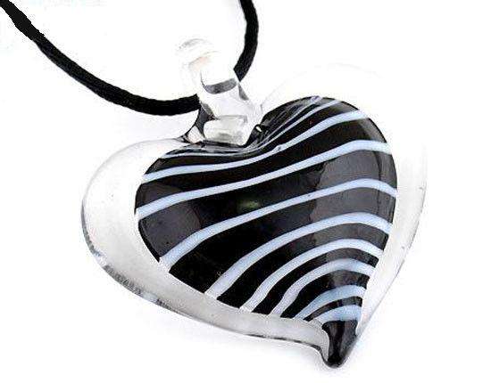 NECKLACES - MURANO LAMPWORK FOIL GLASS - HEART PENDANT - BLACK AND WHITE STRIPES