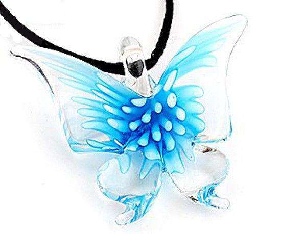 MURANO LAMPWORK FOIL GLASS - PENDANT NECKLACE - BUTTERFLY - LIGHT BLUE