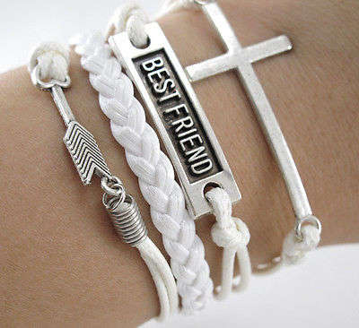 INFINITY - LEATHER WRAP BRACELET - SILVER AND WHITE - 4 IN 1 - CROSS, BEST FRIEND & ARROW