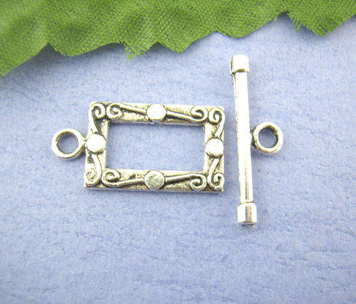 TOGGLE CLASPS - RECTANGLE - ANTIQUE SILVER - CARVED PATTERN - 23mm x 12mm