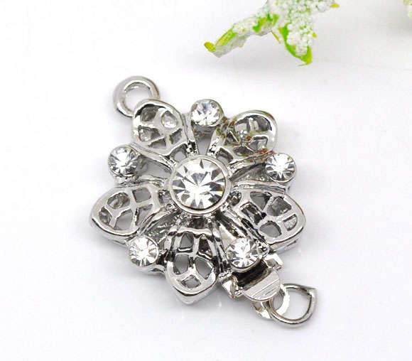 PINCH CLASP - SILVER - FLOWER - CLEAR RHINESTONES - 22x17mm