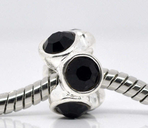 EUROPEAN STYLE - SPACER BEADS - BLACK RHINESTONES - FITS EUROPEAN BRACELETS - 12 x 8mm