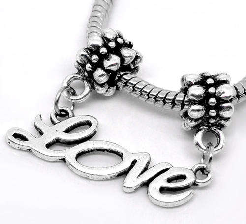 PANDORA STYLE - ANTIQUE SILVER - "LOVE" - DANGLE CHARMS - FITS EUROPEAN BRACELETS - 33 x 25mm