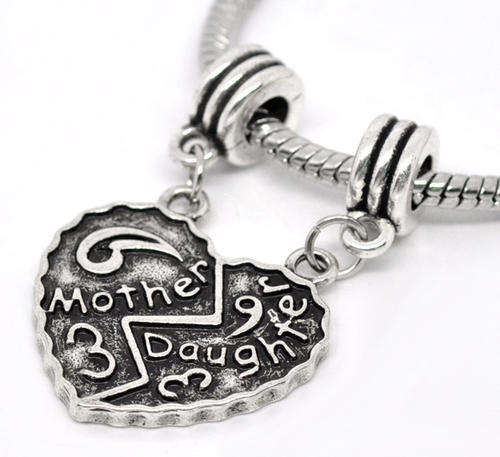 PANDORA STYLE - ANTIQUE SILVER - "MOTHER & DAUGHTER " HEART - DANGLE CHARMS - 39 x 25mm