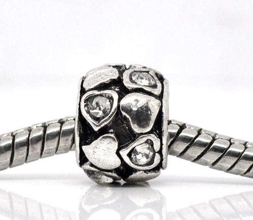 PANDORA STYLE - CLEAR RHINESTONE - HEART BARREL SPACER BEADS - 9mm x 6mm