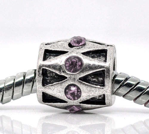 PANDORA STYLE - ANTIQUE SILVER - LILAC RHINESTONE - BARREL SPACER BEADS - 9mm x 9mm
