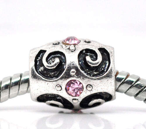 EUROPEAN STYLE - ANTIQUE SILVER - PINK RHINESTONE - SCROLL - BARREL SPACER BEADS - 11 x 10mm