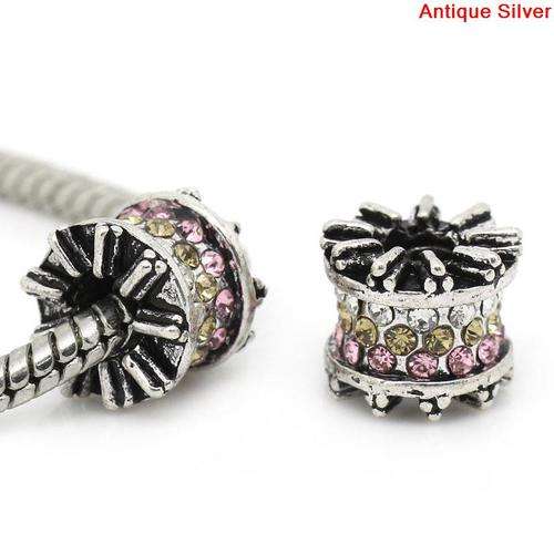 EUROPEAN STYLE - SPACER BEADS - ANTIQUE SILVER - PINK, CLEAR & YELLOW CRYSTALS