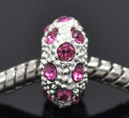 EUROPEAN STYLE - SILVER - FUCHSIA RHINESTONE -  SPACER BEADS - FITS EUROPEAN BRACELETS - 11x 6mm