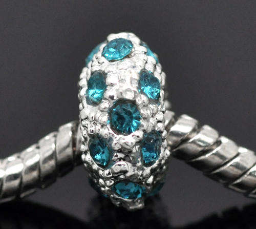 EUROPEAN STYLE - SILVER - BLUE RHINESTONE -  SPACER BEADS - FITS EUROPEAN BRACELETS - 11 x 6mm