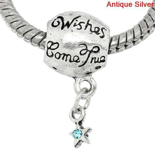 EUROPEAN STYLE - ANTIQUE SILVER - BARREL - STAR & BLUE RHINESTONE - DANGLE CHARM - 10mm x 23mm