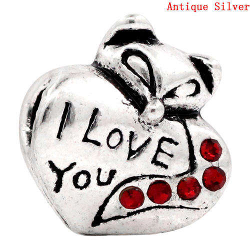 EUROPEAN STYLE - ANTIQUE SILVER - HEART - "I LOVE YOU" FOX - RED RHINESTONE - 15 x13mm