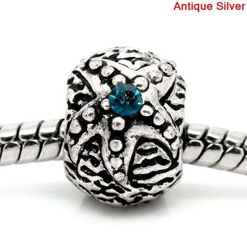 EUROPEAN STYLE - ANTIQUE SILVER - STAR FISH - CARVED PATTERN CHARM BEADS - BLUE RHINESTONES