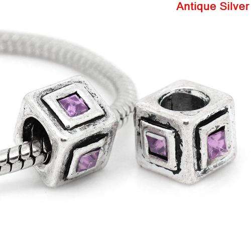 EUROPEAN STYLE - ANTIQUE SILVER - CUBE - CHARM BEADS - LILAC RHINESTONE - 11 x11mm