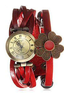 LEATHER BRAIDED STRAP - VINTAGE FLOWER - WRAP QUARTZ WRIST BRACELET WATCH - RED