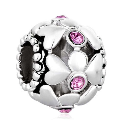 PUGSTER - OCT BIRTHSTONE - ROSE PINK SWAROVSKI CRUSTAL SILVER HEART CHARM BEAD